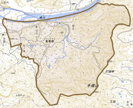 大字東寒野とその周辺の地図。町の範囲を重ねている