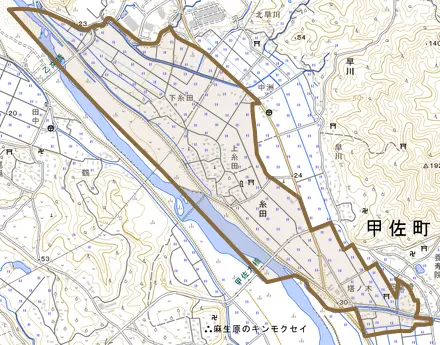 大字糸田とその周辺の地図。町の範囲を重ねている