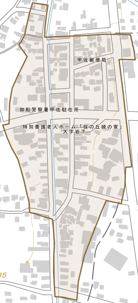 大字岩下とその周辺の地図。町の範囲を重ねている