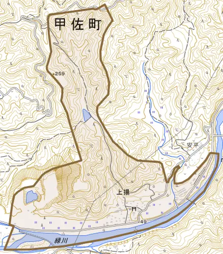 大字上揚とその周辺の地図。町の範囲を重ねている