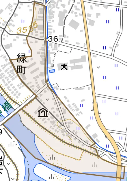 大字緑町とその周辺の地図。町の範囲を重ねている