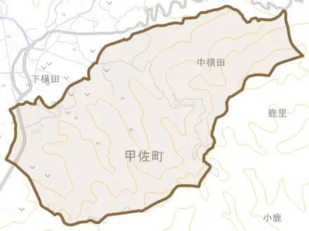 大字中横田とその周辺の地図。町の範囲を重ねている