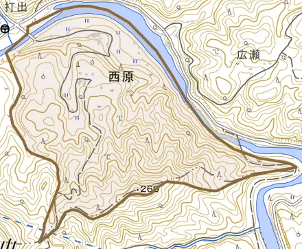 大字西原とその周辺の地図。町の範囲を重ねている