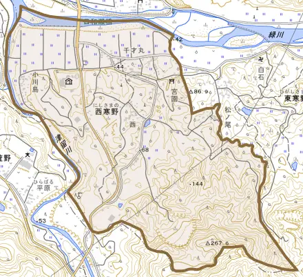 大字西寒野とその周辺の地図。町の範囲を重ねている