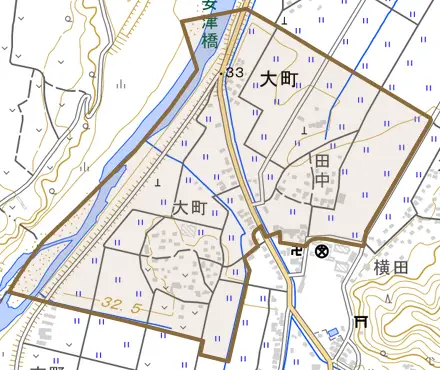 大字大町とその周辺の地図。町の範囲を重ねている