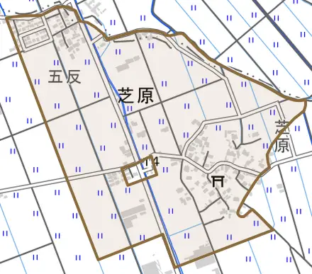 大字芝原とその周辺の地図。町の範囲を重ねている