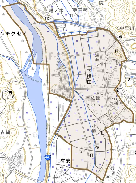 大字下横田とその周辺の地図。町の範囲を重ねている