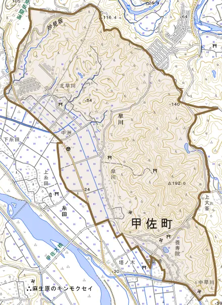 大字早川とその周辺の地図。町の範囲を重ねている