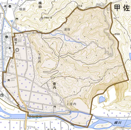 大字豊内とその周辺の地図。町の範囲を重ねている