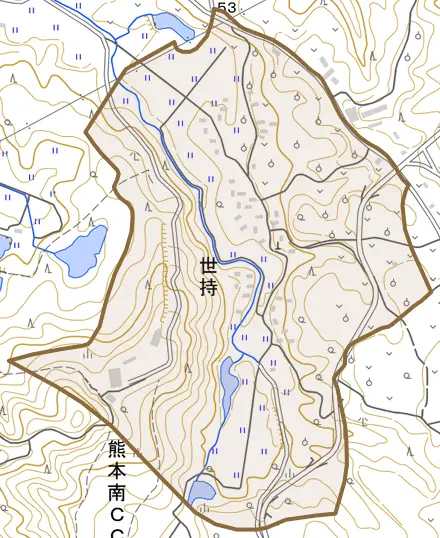 大字世持とその周辺の地図。町の範囲を重ねている
