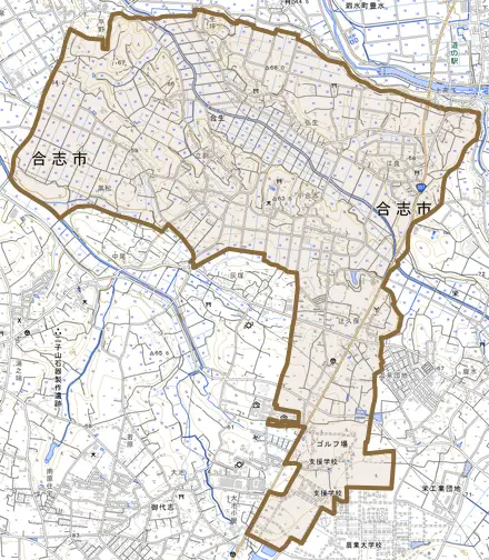 合生とその周辺の地図。町の範囲を重ねている