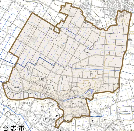 上庄とその周辺の地図。町の範囲を重ねている