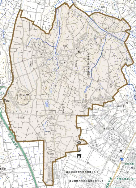 野々島とその周辺の地図。町の範囲を重ねている