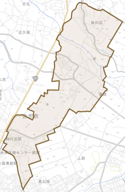 栄とその周辺の地図。町の範囲を重ねている