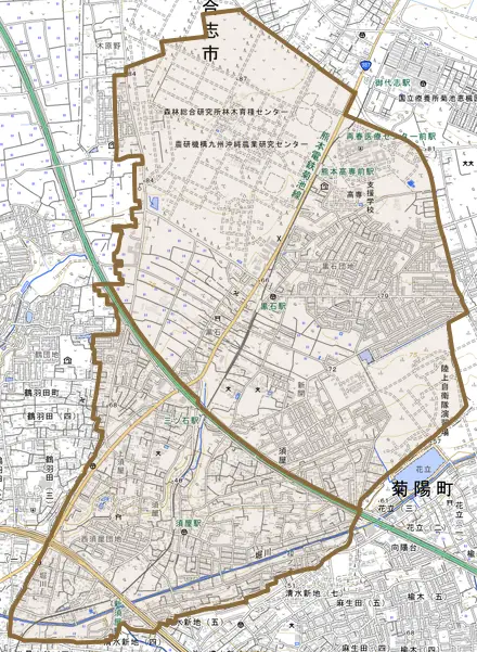 須屋とその周辺の地図。町の範囲を重ねている