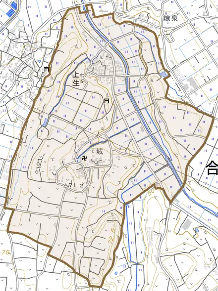 上生とその周辺の地図。町の範囲を重ねている