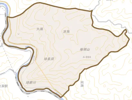 大字大瀬とその周辺の地図。町の範囲を重ねている