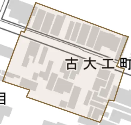 古大工町とその周辺の地図。町の範囲を重ねている