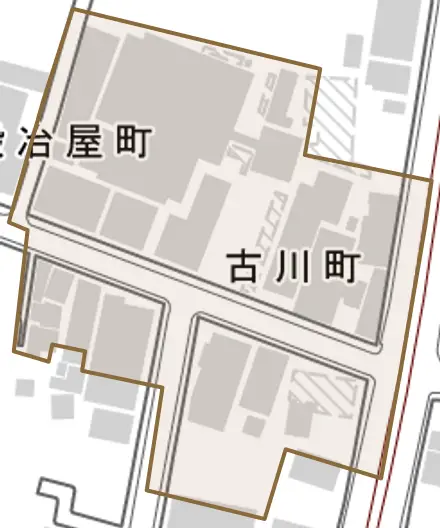 古川町とその周辺の地図。町の範囲を重ねている