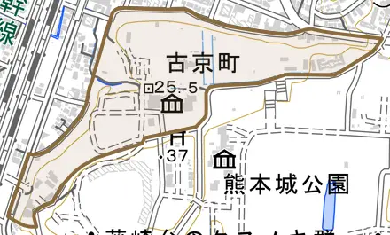 古京町とその周辺の地図。町の範囲を重ねている