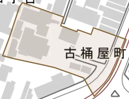 古桶屋町とその周辺の地図。町の範囲を重ねている