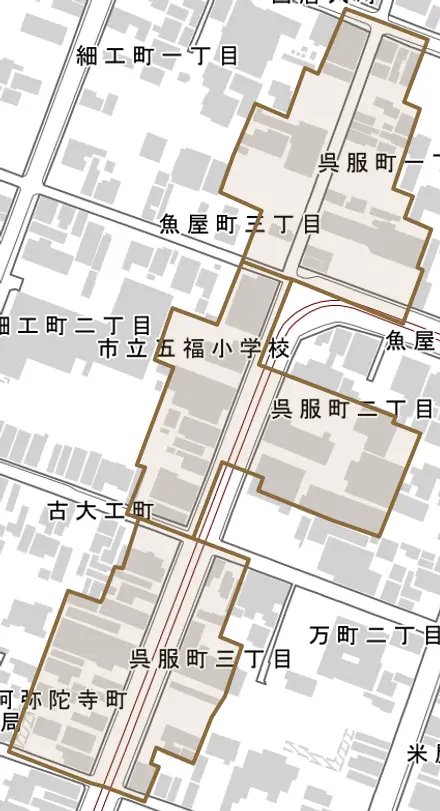 呉服町とその周辺の地図。町の範囲を重ねている
