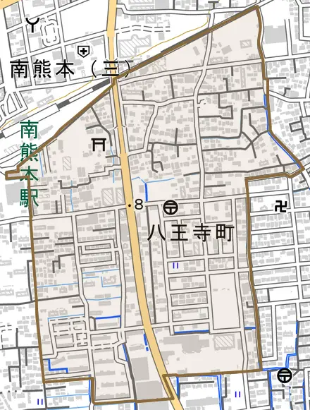 八王寺町とその周辺の地図。町の範囲を重ねている