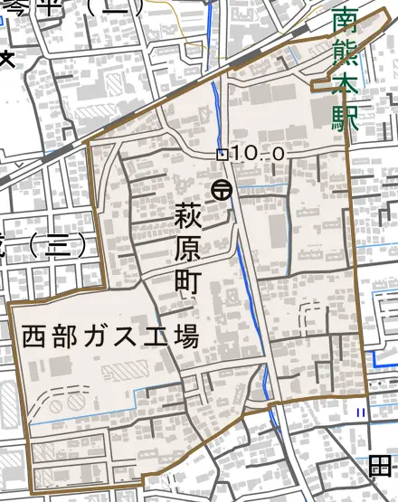 萩原町とその周辺の地図。町の範囲を重ねている