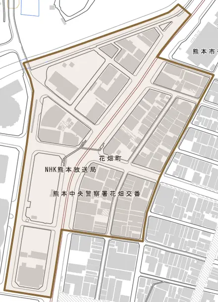花畑町とその周辺の地図。町の範囲を重ねている