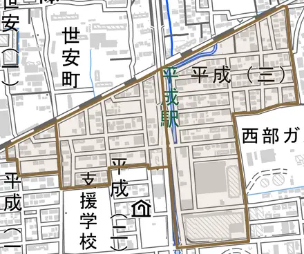 平成とその周辺の地図。町の範囲を重ねている