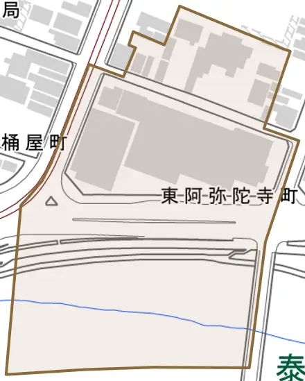 東阿弥陀寺町とその周辺の地図。町の範囲を重ねている