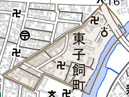 東子飼町とその周辺の地図。町の範囲を重ねている