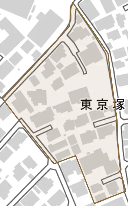 東京塚町とその周辺の地図。町の範囲を重ねている