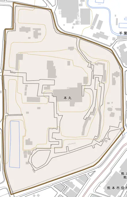 本丸とその周辺の地図。町の範囲を重ねている