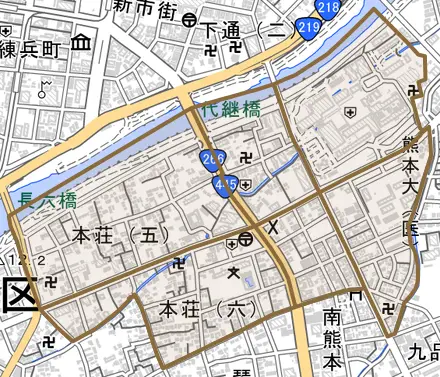 本荘とその周辺の地図。町の範囲を重ねている