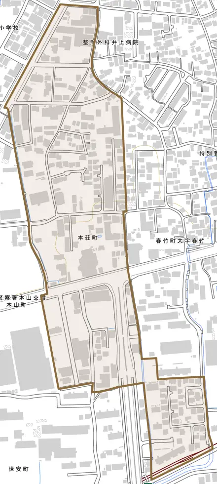 本荘町とその周辺の地図。町の範囲を重ねている