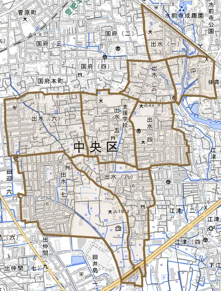 出水とその周辺の地図。町の範囲を重ねている
