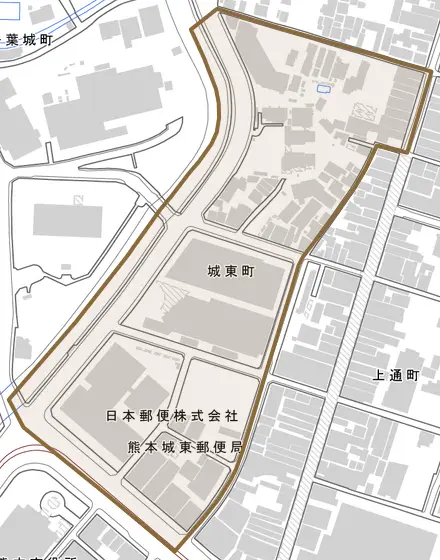 城東町とその周辺の地図。町の範囲を重ねている