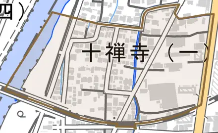 十禅寺とその周辺の地図。町の範囲を重ねている