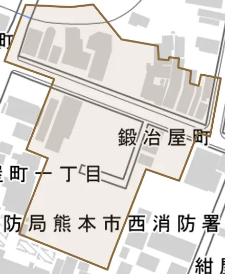 鍛冶屋町とその周辺の地図。町の範囲を重ねている