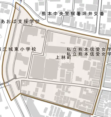 上林町とその周辺の地図。町の範囲を重ねている