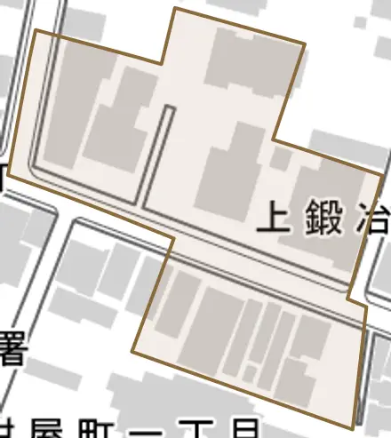 上鍛冶屋町とその周辺の地図。町の範囲を重ねている