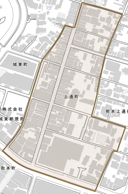 上通町とその周辺の地図。町の範囲を重ねている