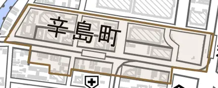 辛島町とその周辺の地図。町の範囲を重ねている