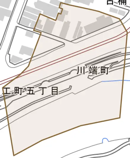 川端町とその周辺の地図。町の範囲を重ねている