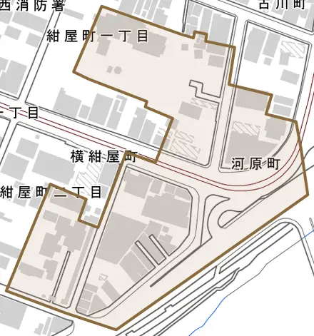 河原町とその周辺の地図。町の範囲を重ねている