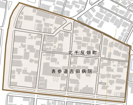 北千反畑町とその周辺の地図。町の範囲を重ねている