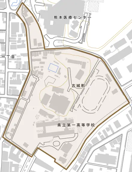 古城町とその周辺の地図。町の範囲を重ねている