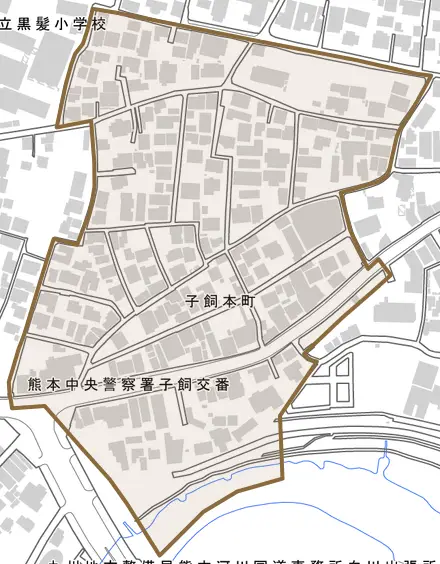 子飼本町とその周辺の地図。町の範囲を重ねている
