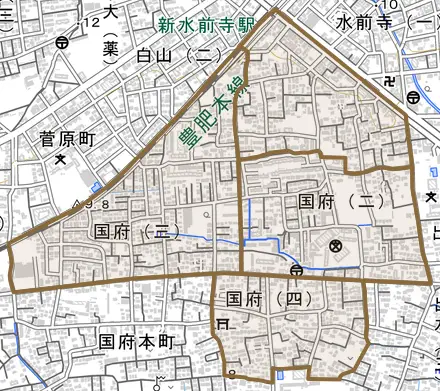 国府とその周辺の地図。町の範囲を重ねている